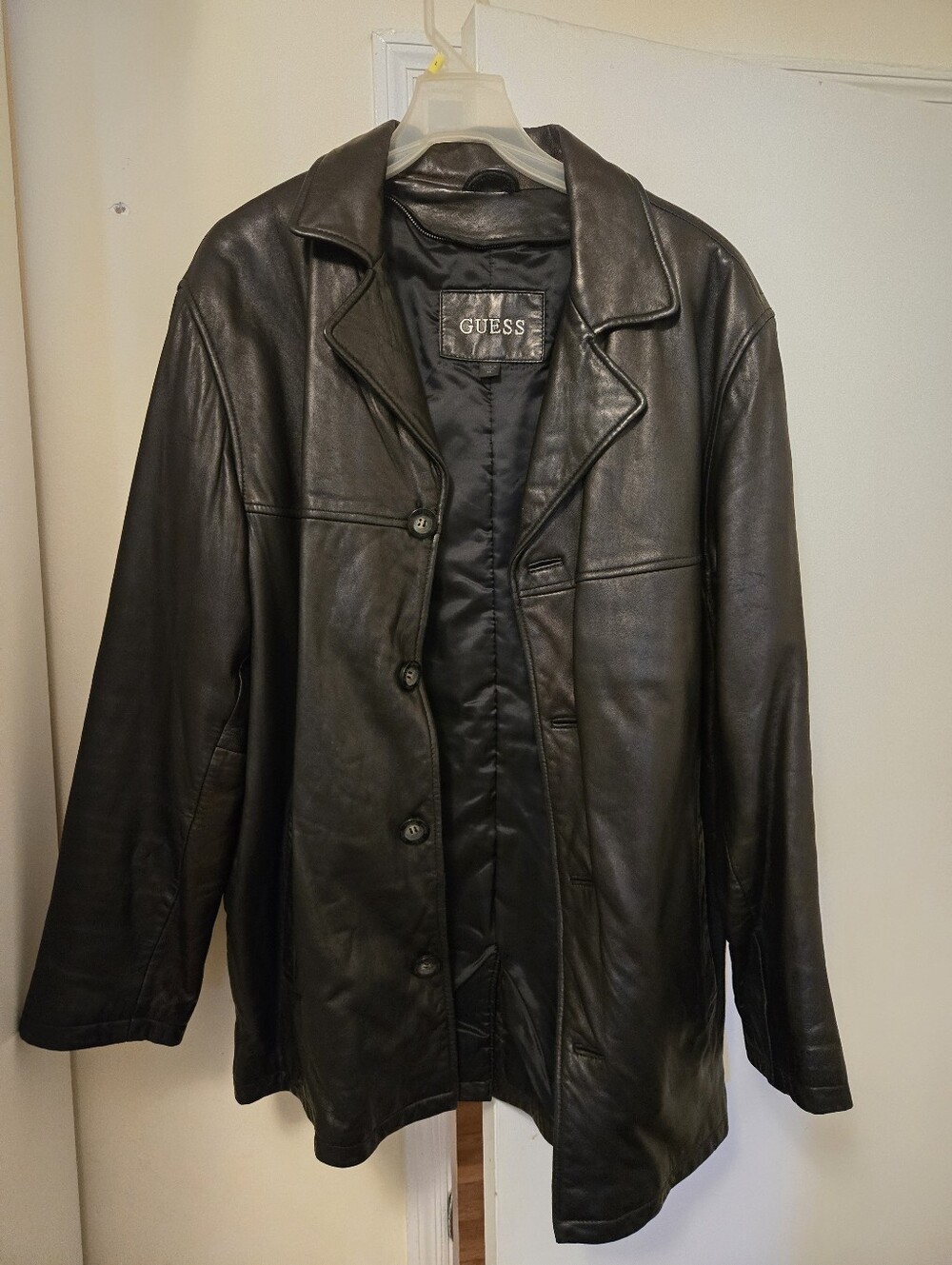GUESS Black Leather Trench Coat - Classic Button Front
